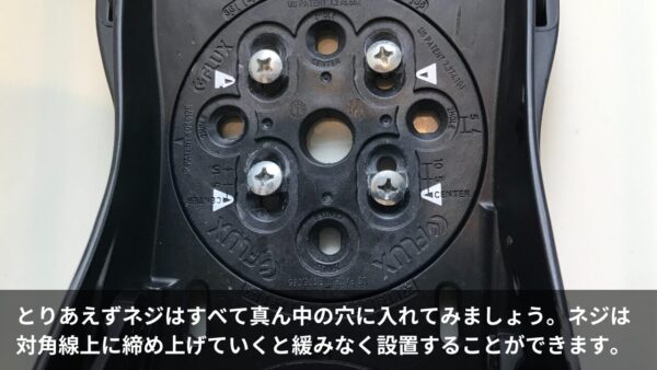 とりあえずネジはすべて真ん中の穴に入れてみましょう。ネジは対角線上に締め上げていくと緩みなく設置することができます