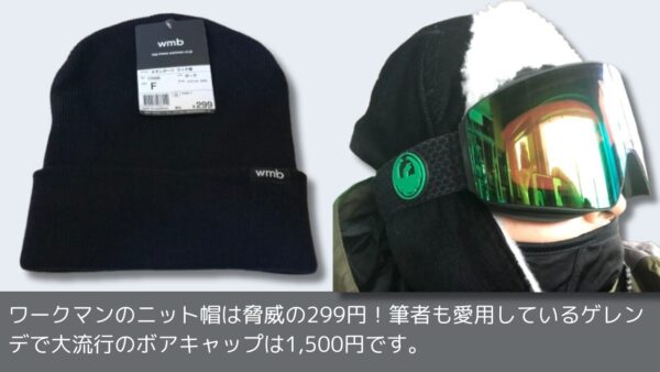 ワークマンのニット帽は脅威の299円！筆者も愛用しているゲレンデで大流行のボアキャップは1,500円です。